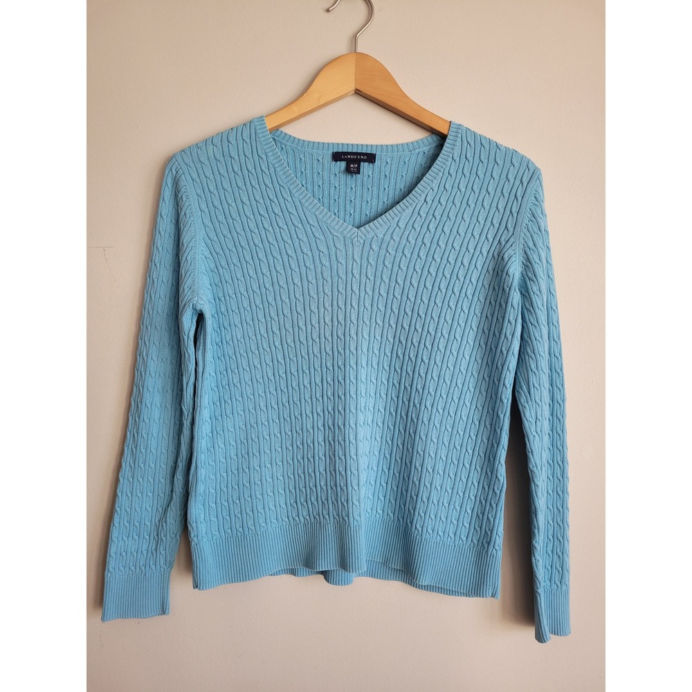Lands End Womens M/P Light Blue/Green Supima Cotton Cable Knit V-Neck Sweater